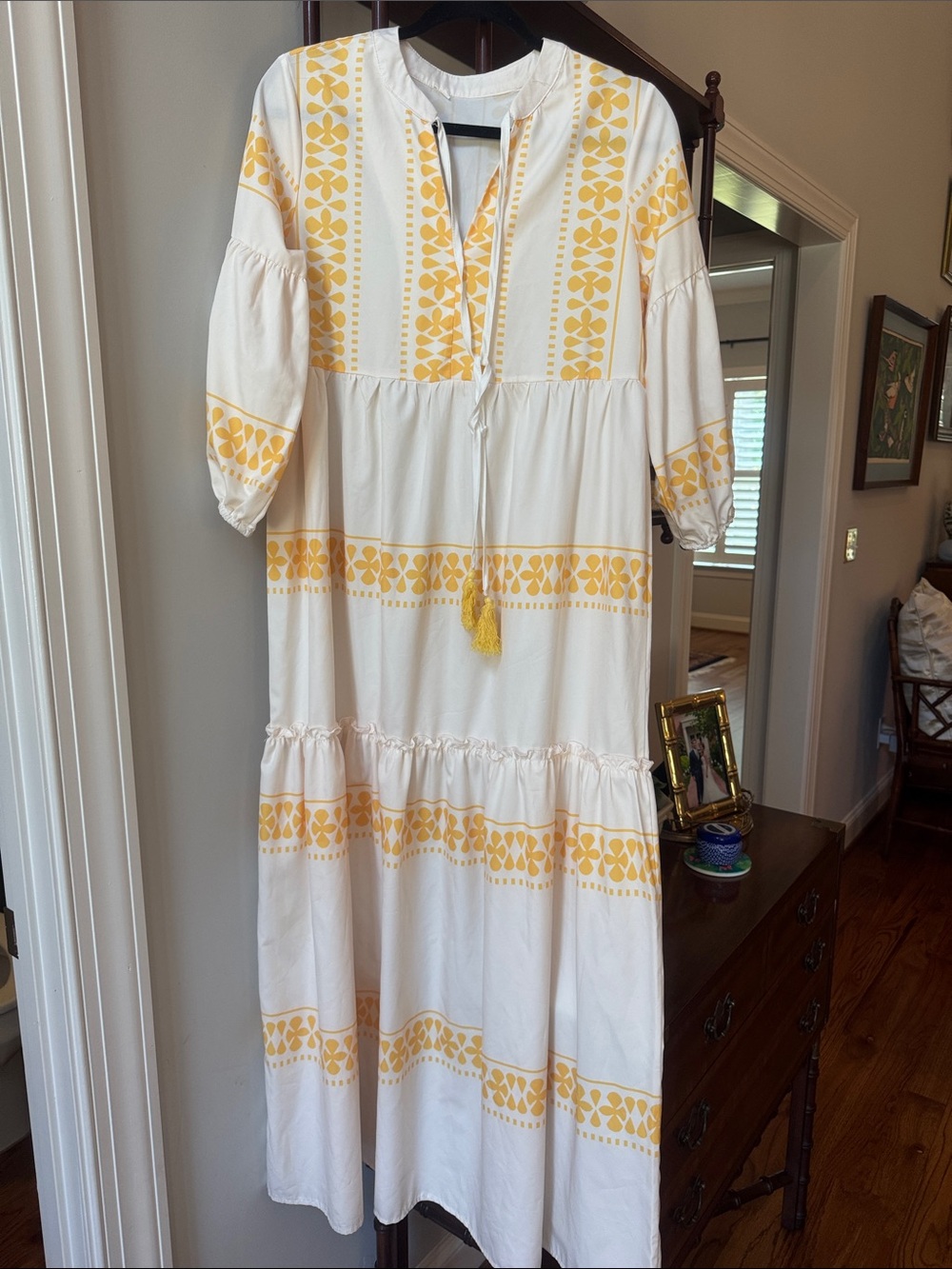 Women’s White Maxi Dress with Yellow Embroidered Stripes